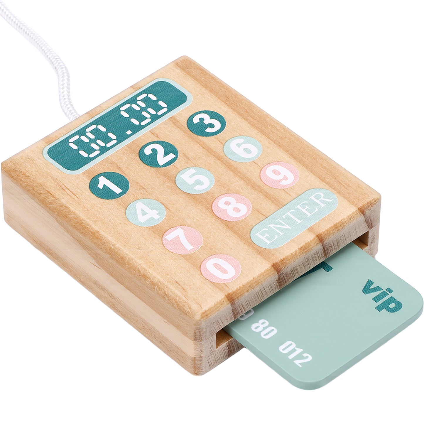 Wooden Cash Register Toy With Scanner Play Money Shopping Cards