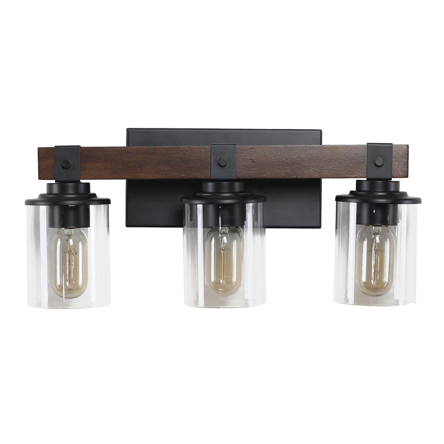 Rustic 3-Light Vanity Light Fixture with Glass Shades and Wood Accent