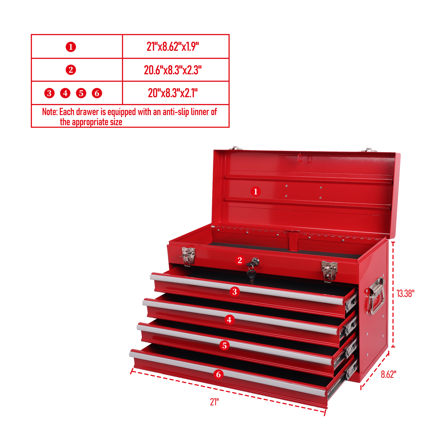Heavy Duty Metal Tool Box 21-Inch with 4 Drawers, Locking & EVA Liners