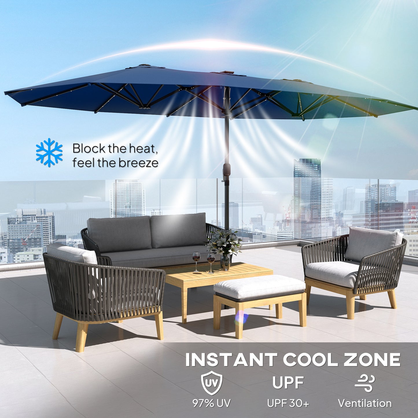 Double-Sided Garden Parasol with LED Solar Lights - Blue