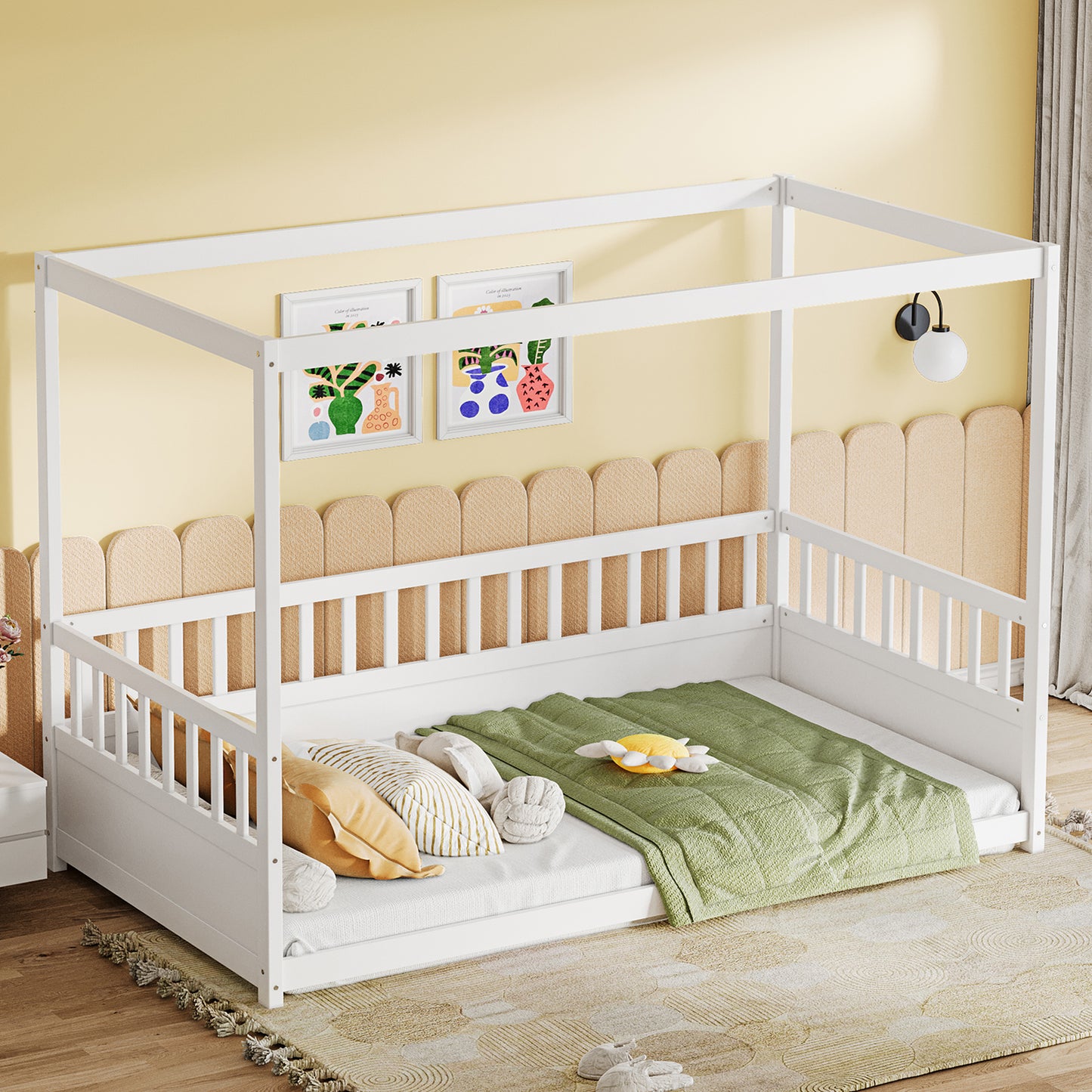 Twin Size Canopy Bed Frame with Guardrails - White