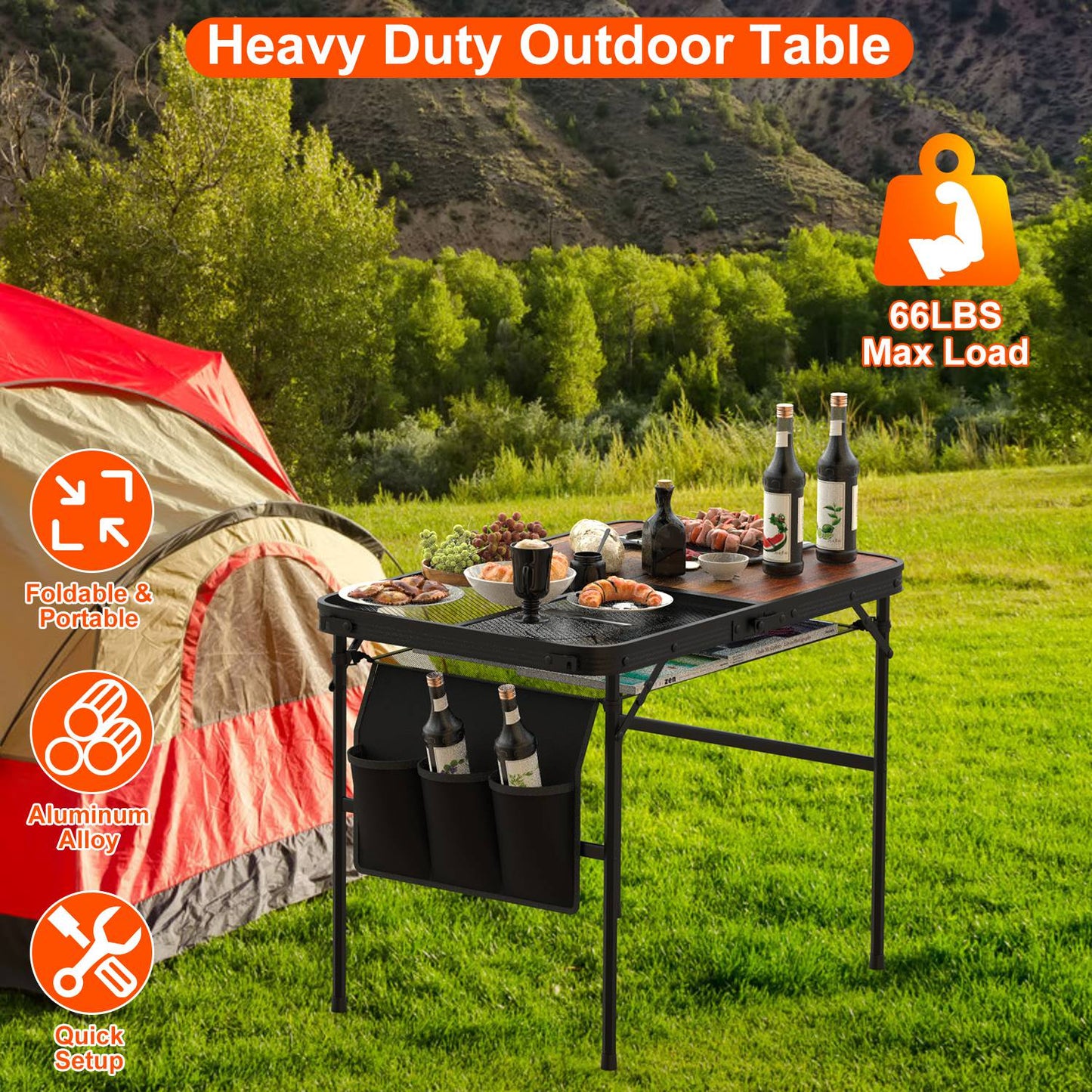Foldable Camping Table - Adjustable Height, 66LBS Load Capacity