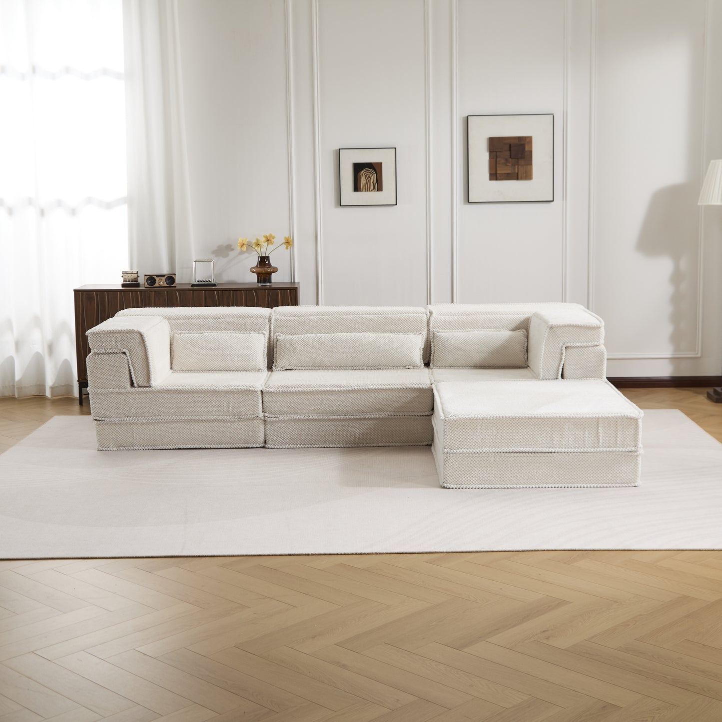 Oversized Modular Sectional Sofa Bed - White Fabric, 4 Seater