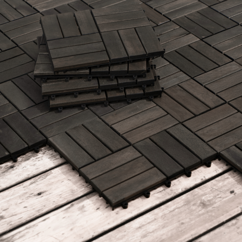 Interlocking Acacia Wood Deck Tiles 30 pcs 12x12 Inches Outdoor Flooring - Dark Brown
