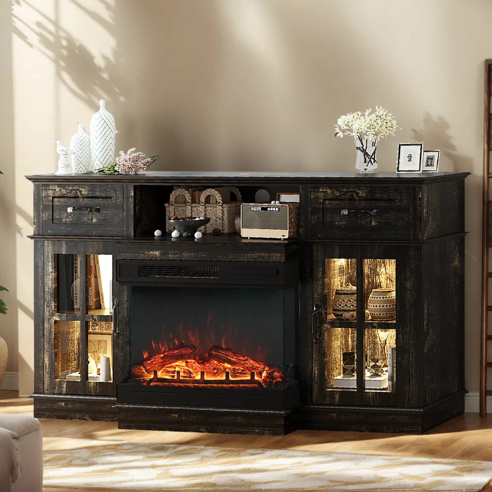 58-Inch Black Gold Oak Electric Fireplace TV Stand with Lattice Glass