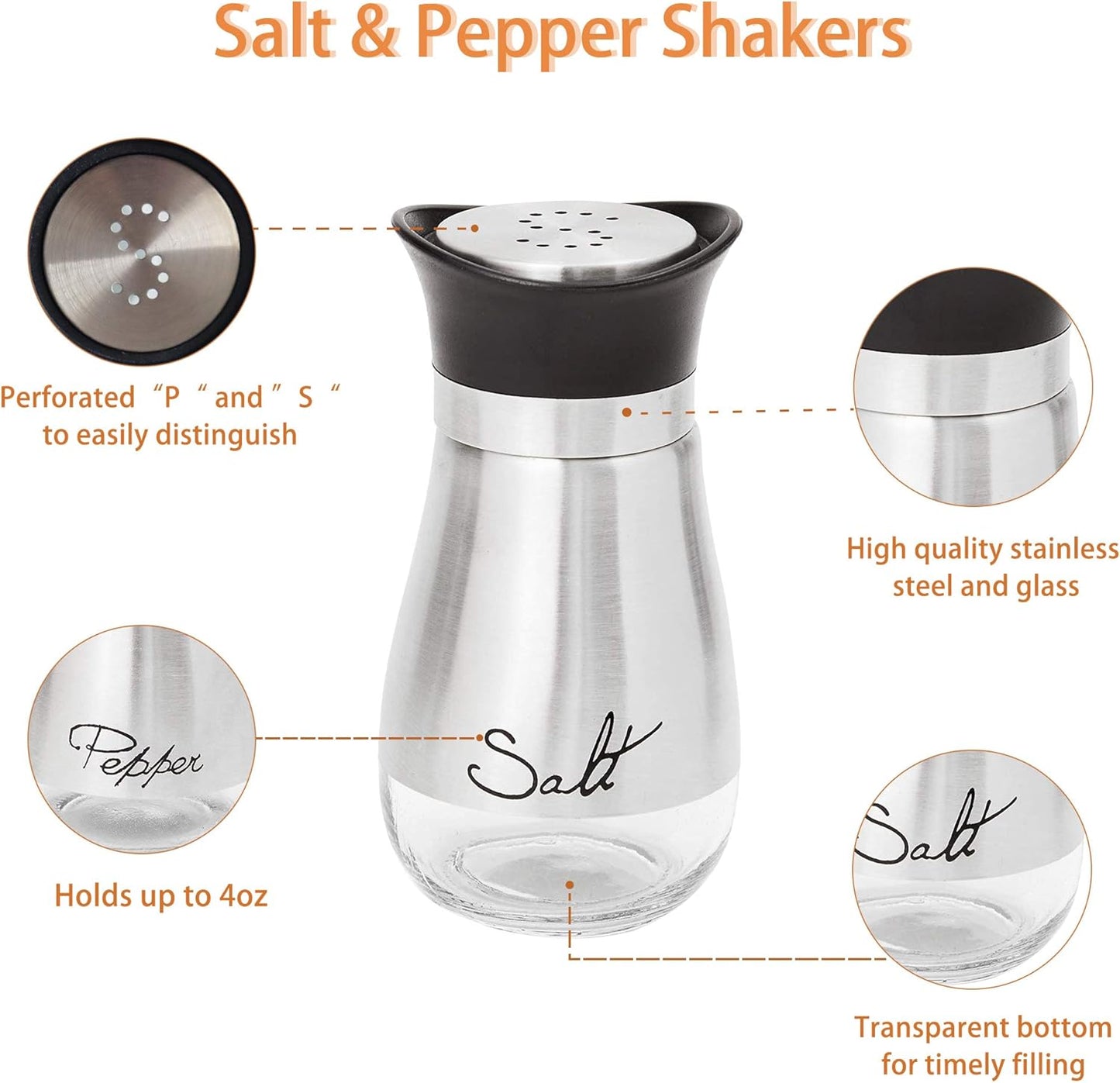 Salt and Pepper Shakers Set - 4 Oz Glass Bottom Spice Dispensers