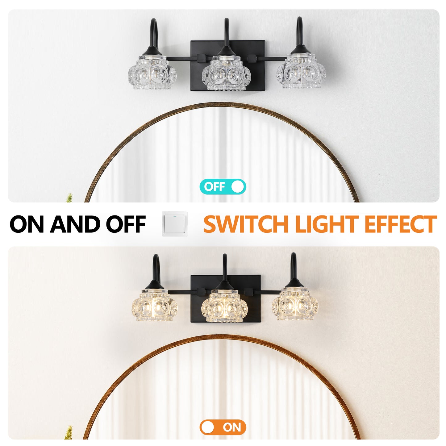 3-Light Bathroom Vanity Light Fixture - Black with Crystal Shades
