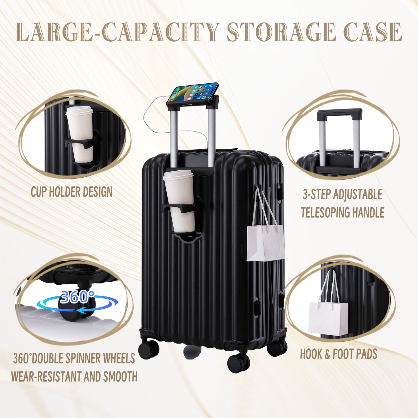 3-Piece ABS Spinner Wheel Luggage Set with Cup Holder & USB Port - Black