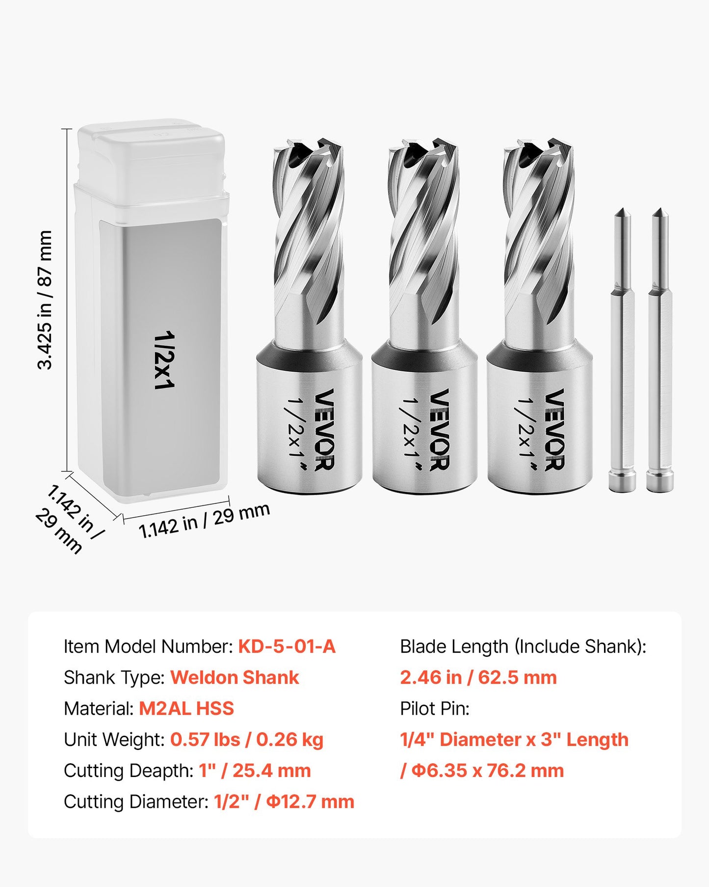 5-Piece Annular Cutter Set for Metal Drilling - 1/2" Diameter, 1" Depth, Weldon Shank