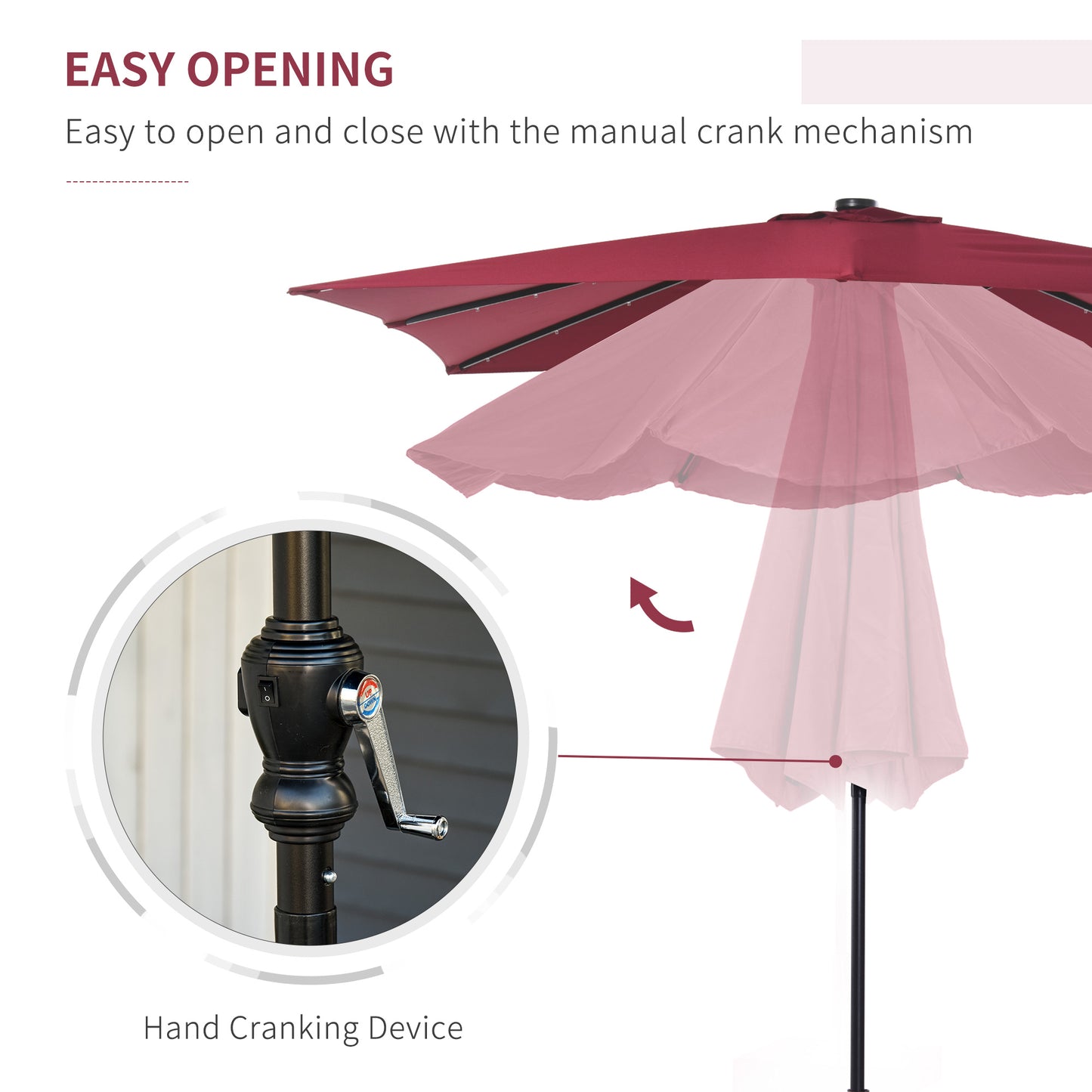 Solar LED Lighted Patio Umbrella - Wine Red, 9x7 ft with Tilt & Crank