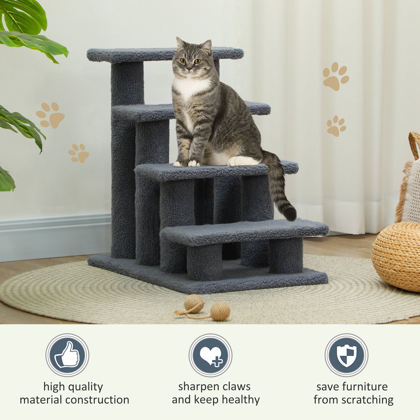 25-Inch Multi-Level Cat Scratching Post with Steps and Soft Carpeted Platforms - Gray