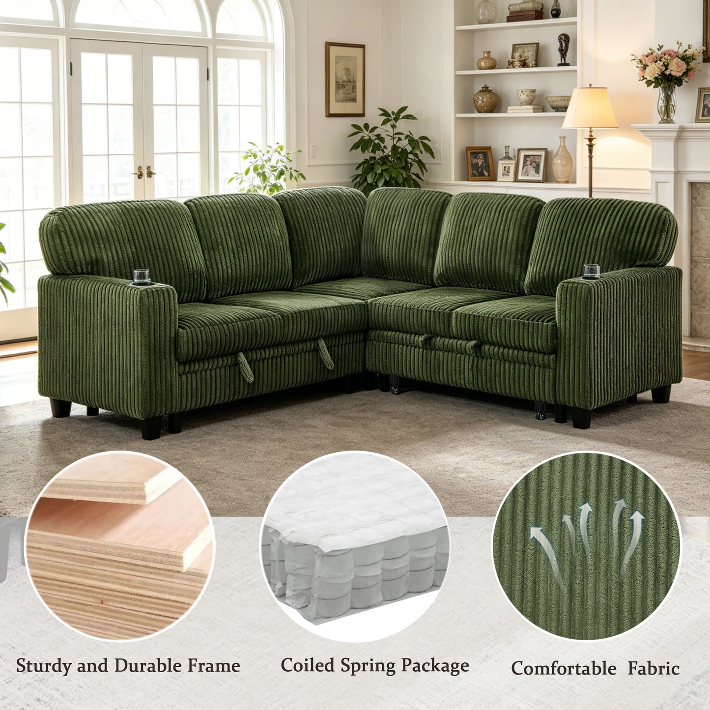 L-Shaped Sectional Sofa Bed with USB Charging & Storage - Olive Green
