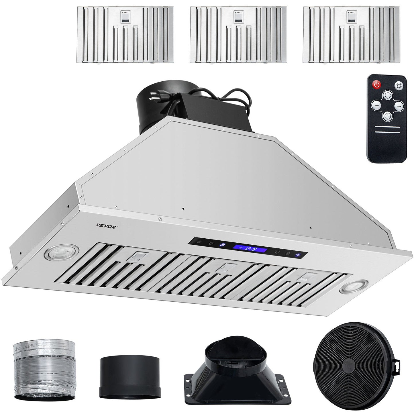 36 Inch Stainless Steel Built-in Range Hood - 900 CFM, 4-Speed with LED Lights & Remote Control