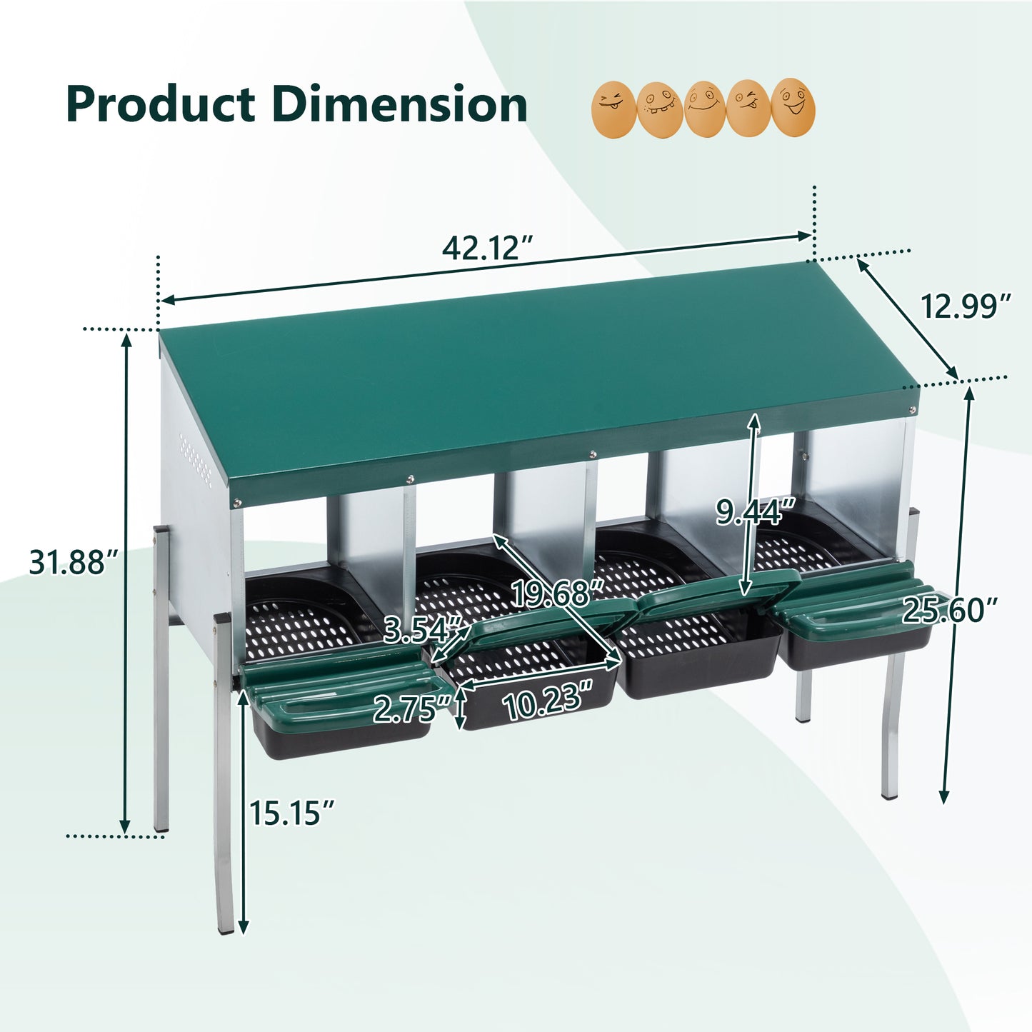 Green Chicken Nesting Box with Legs & Cover, Egg Collection System