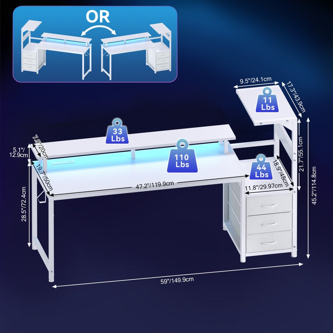 Gaming Desk with USB Ports & LED Lights - 52" with Drawers