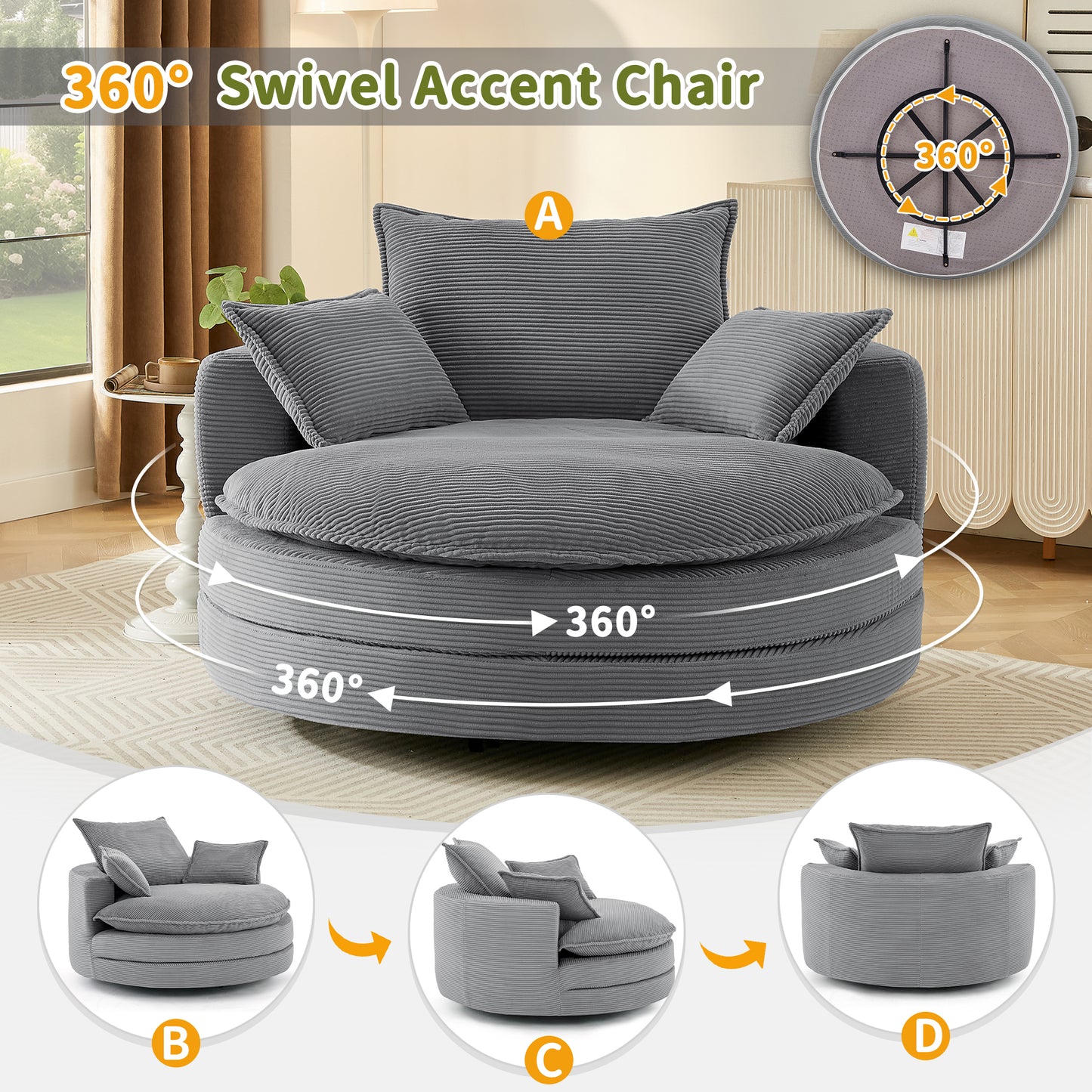 360° Swivel Barrel Chair with Dual-Layer Cushion - Grey