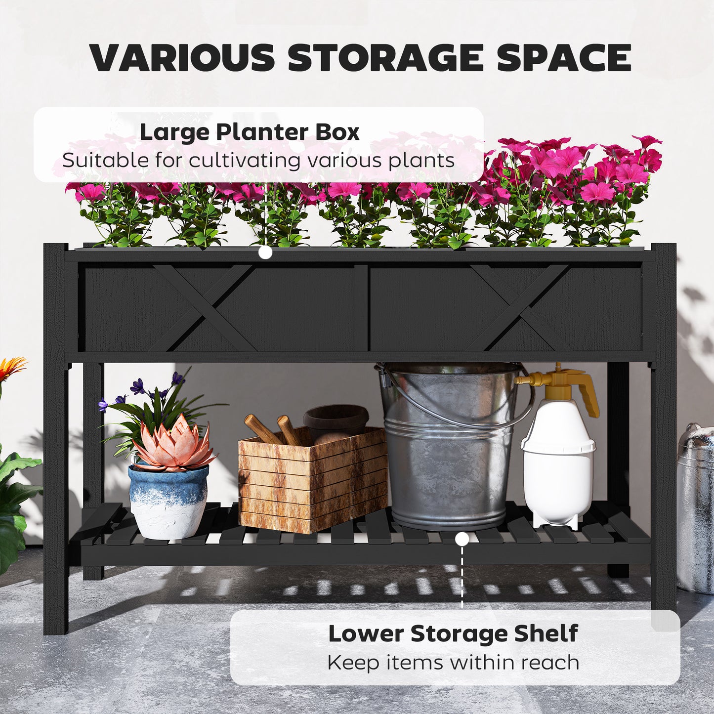 Raised Garden Bed with Storage Shelf & Drainage Holes - Black, 47x22x31.5 in.