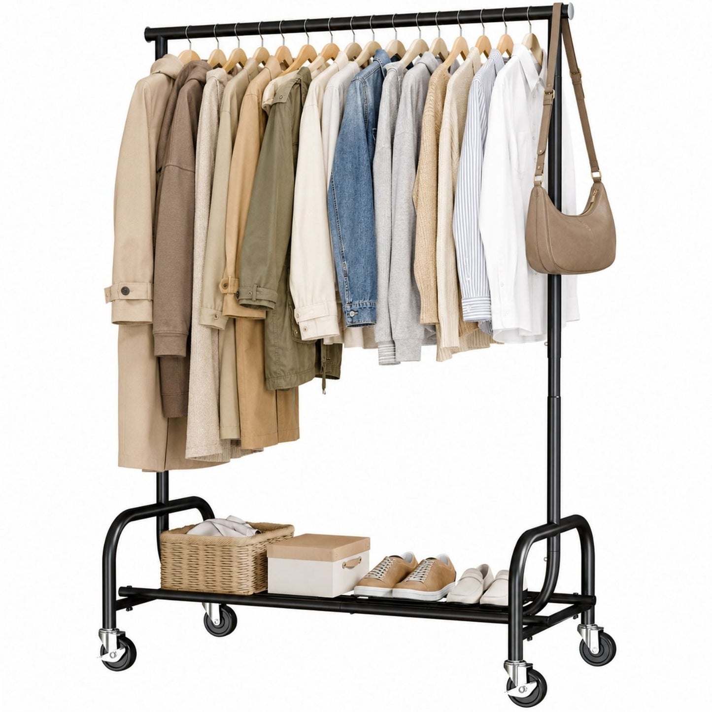 Adjustable Height Clothes Rack with Wheels - Portable Garment Stand