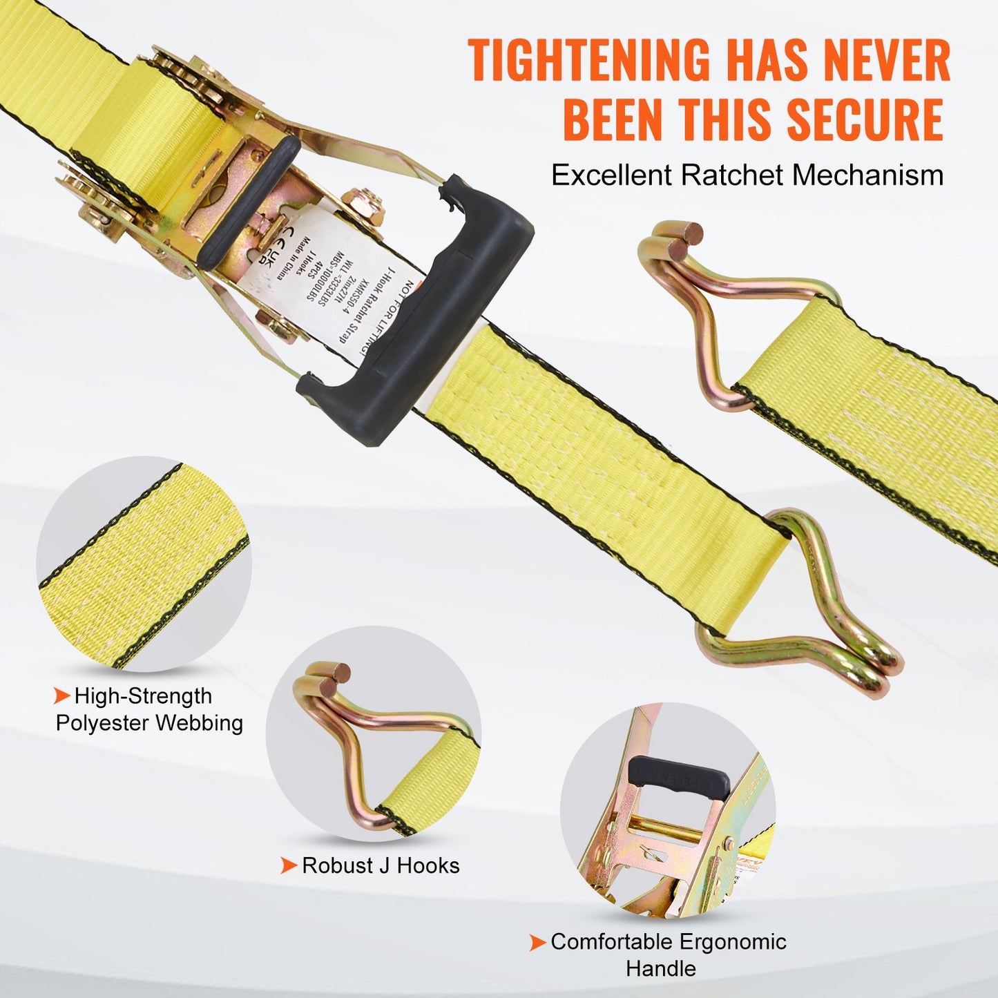 Heavy Duty Ratchet Tie Down Straps 4 Pack - 10,000Lb Breaking Strength, Double J Hooks, 2' x 27' Cargo Securing Straps - Yellow