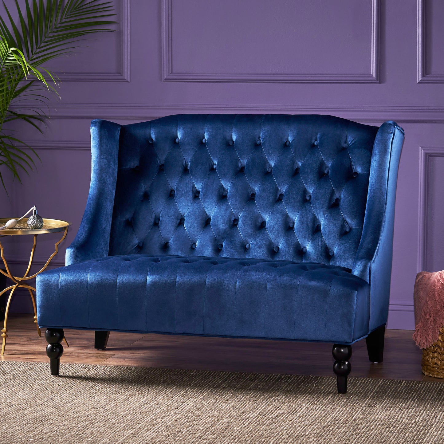 Navy Blue Velvet Loveseat - Luxurious Modern Glam Sofa