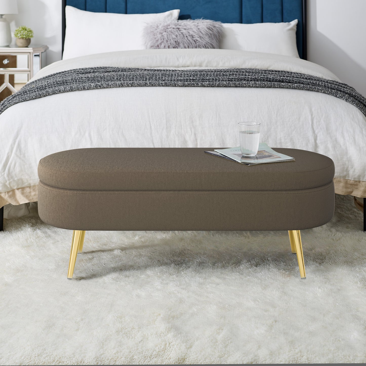Brown Flannel Storage Ottoman Bench with Metal Legs - 43.5"