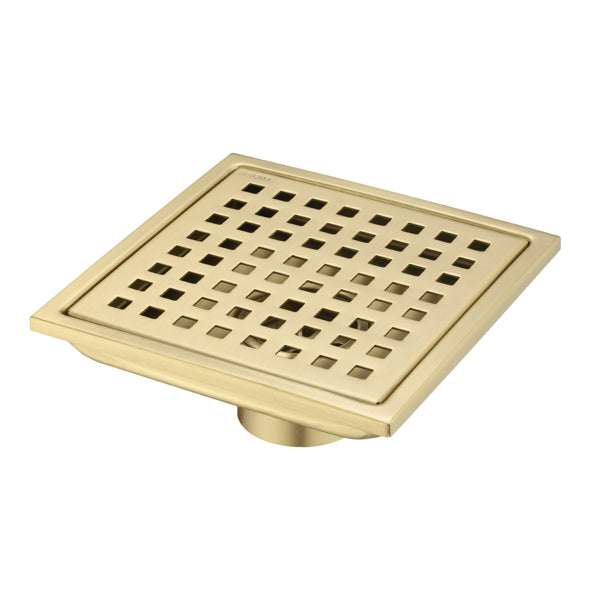 6 Inch Square Shower Drain with Removable Grate and Hair Strainer - Brushed Gold Stainless Steel