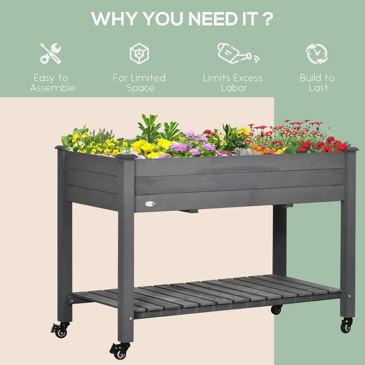 Raised Garden Bed with Lockable Wheels and Storage Shelf - Wooden Planter Box, 47x21 Inches, Dark Gray