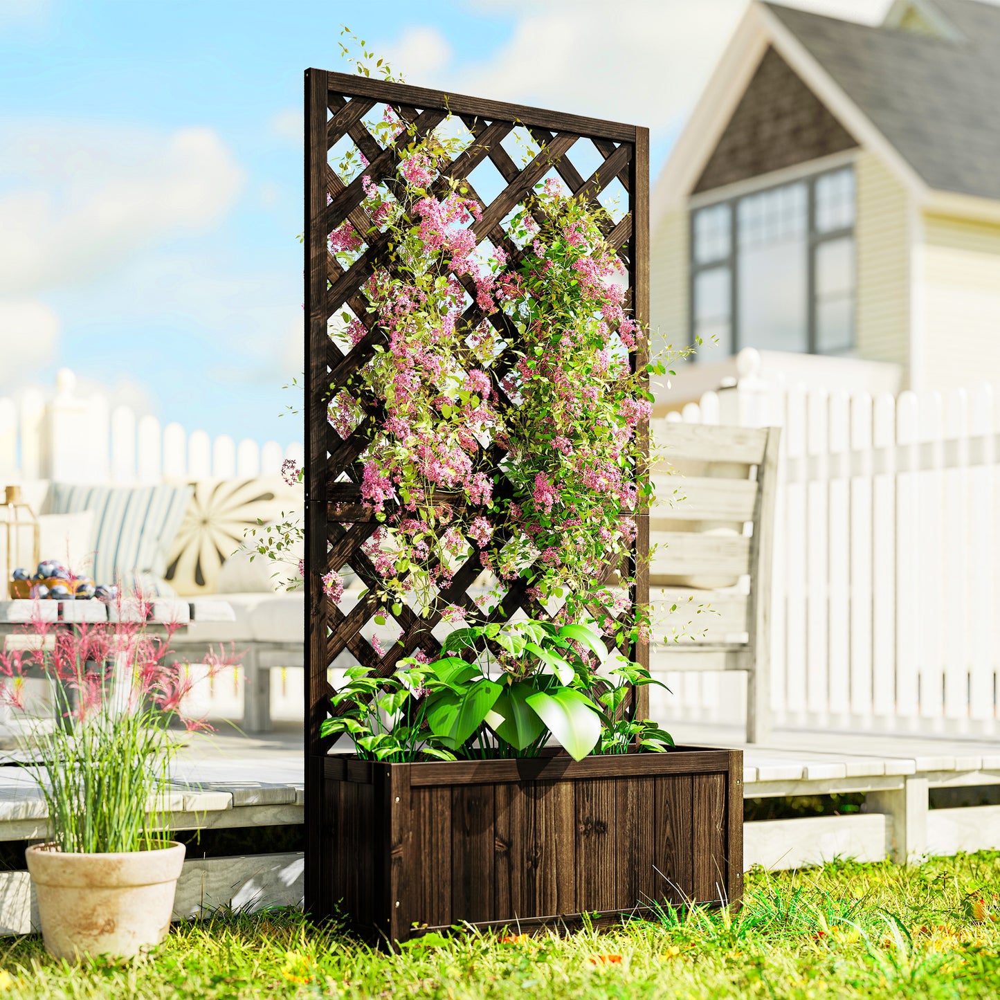 Wooden Raised Garden Bed Planter Box with Trellis and Drain Holes - Brown, 820x820x85 mm