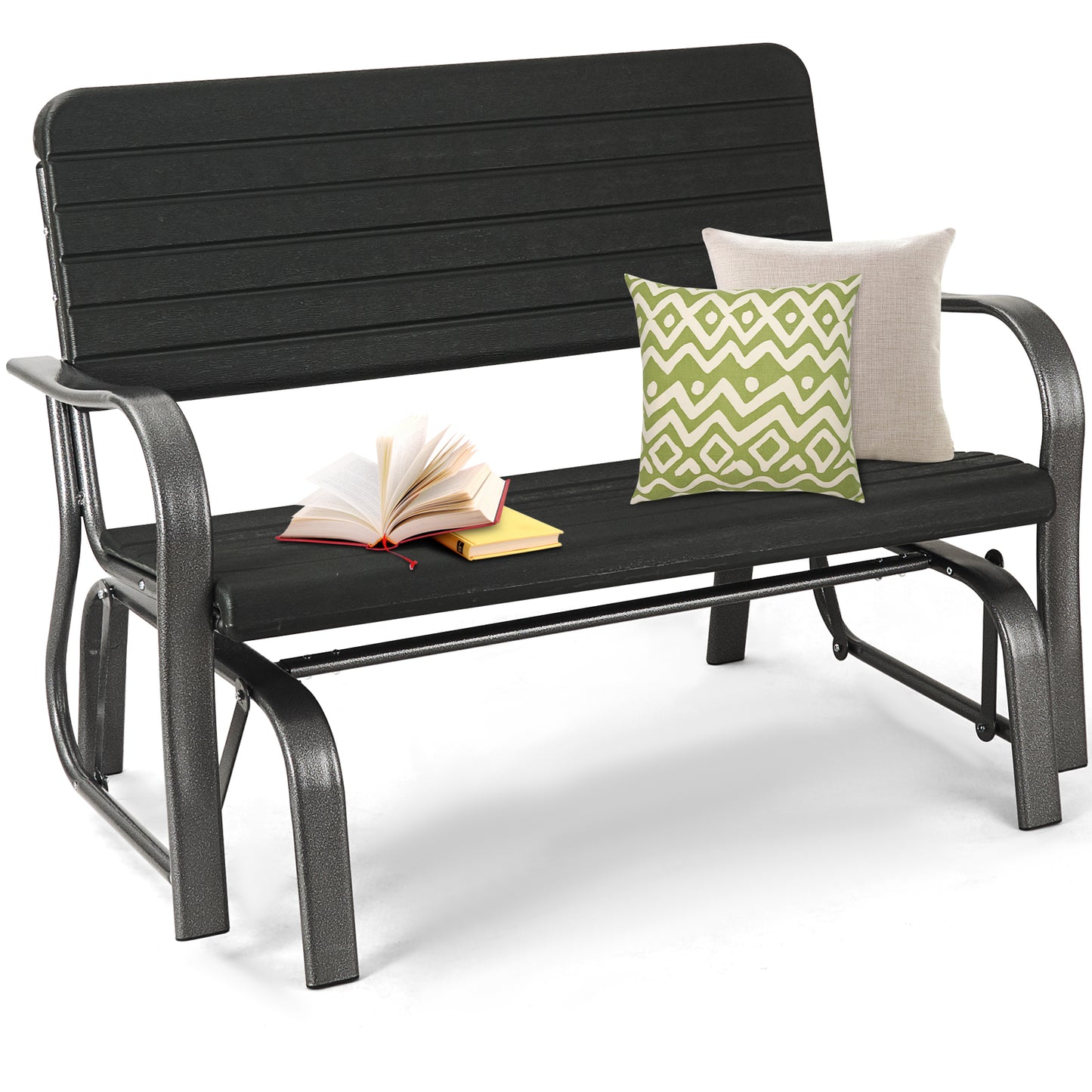 2-Seat Porch Glider with HDPE Back and Steel Frame - Black