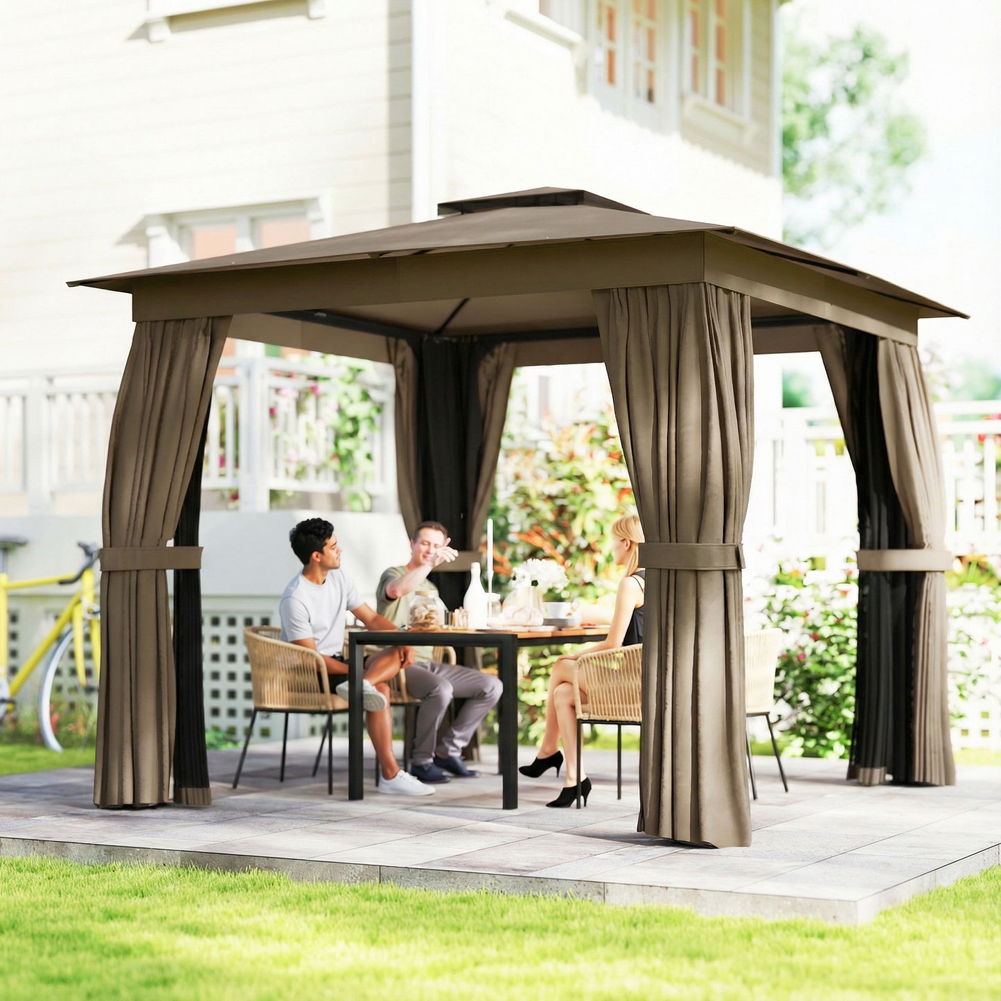 10x10 Outdoor Gazebo Canopy with Curtains and Netting - Khaki