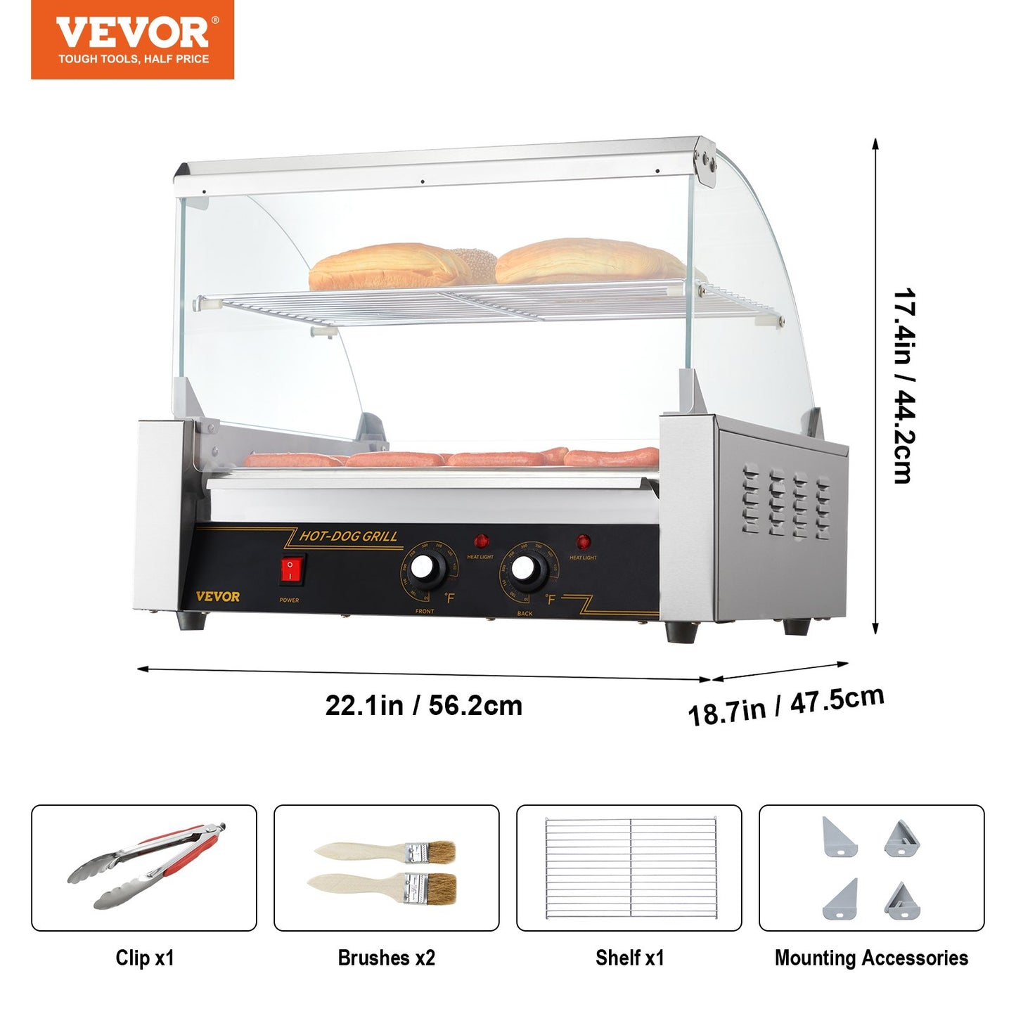 Hot Dog Roller Machine - 11 Rollers, 30 Hot Dog Capacity, 1650W
