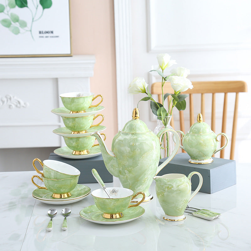 Modern Green Bone China Coffee Set with Gold Tracing - 8-Piece Tea & Coffee Service