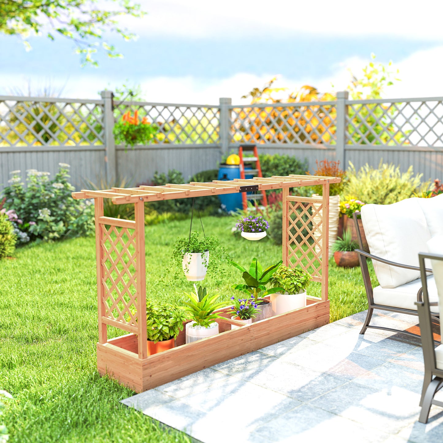 Wooden Planter Box with Trellis and Drainage Holes for Climbing Plants