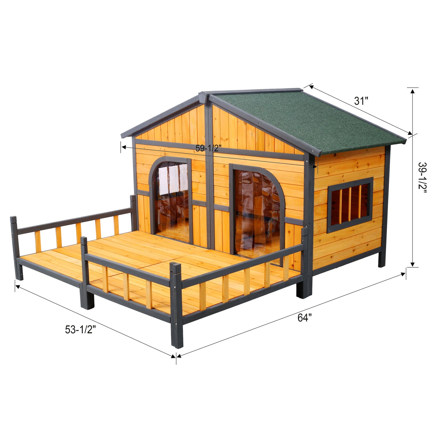 Large Wooden Dog House Outdoor Double Kennel with Porch & Elevated Floor