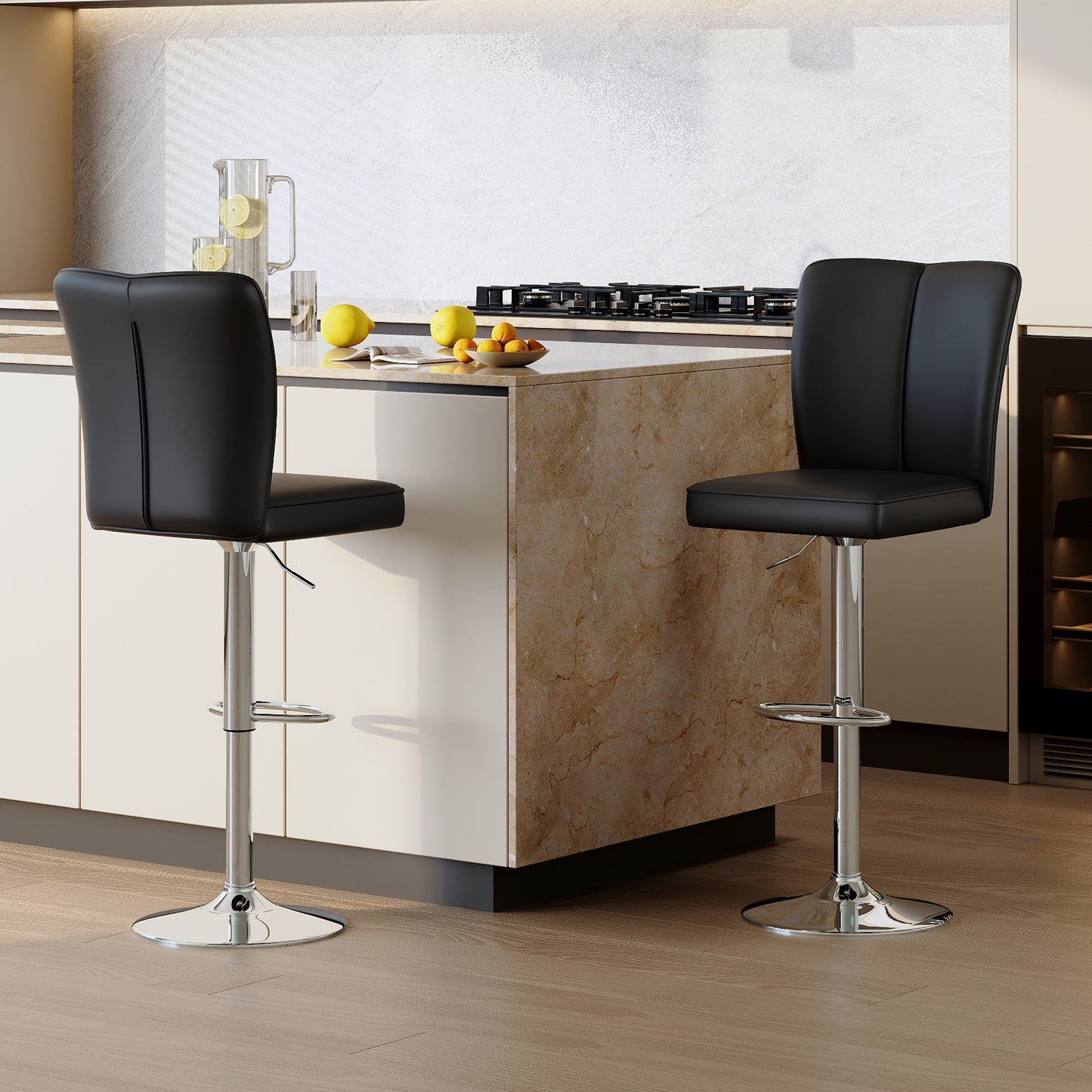 Modern Black PU Bar Stool Set - 2-Piece, Featuring Vertical And