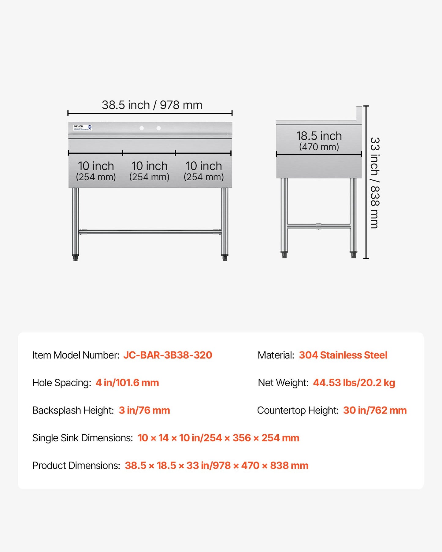 Commercial 3 Compartment Stainless Steel Kitchen Sink - 18-Gauge, 10x14x10 Inch Bowls
