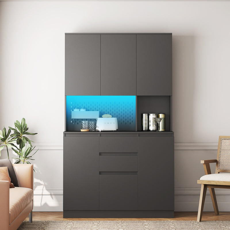 74-Inch White Pantry Cabinet with Power Outlet & Storage Shelf