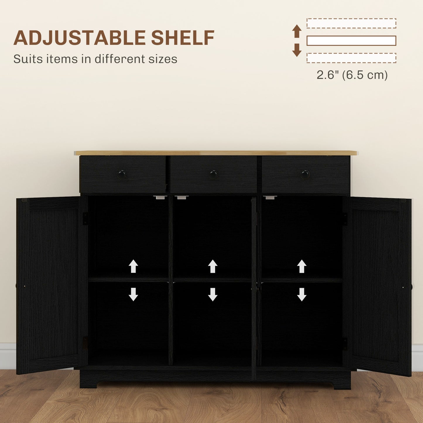 Kitchen Storage Cabinet with Solid Wood Top, 3 Drawers, Black