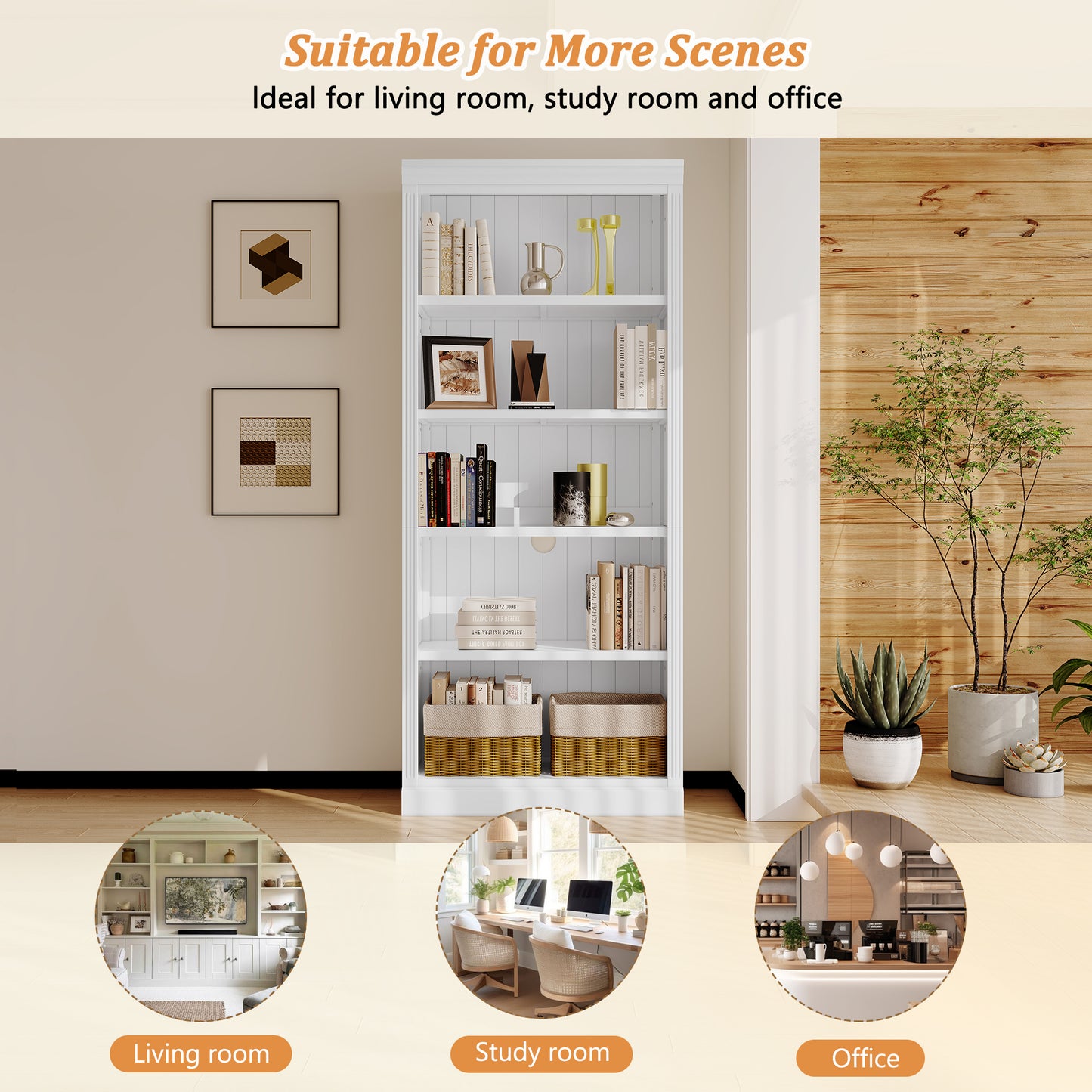 83 Tall Wood Bookcase Suite With Light Strip ,5-Tier Decor Adjustable
