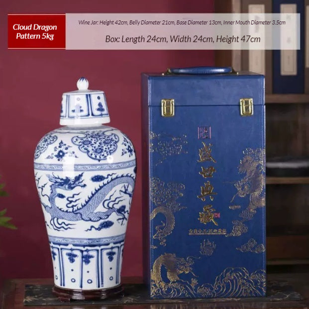 Blue and White Porcelain Baijiu Storage Jar with Double Seal Lid - 2.5kg/5kg Options