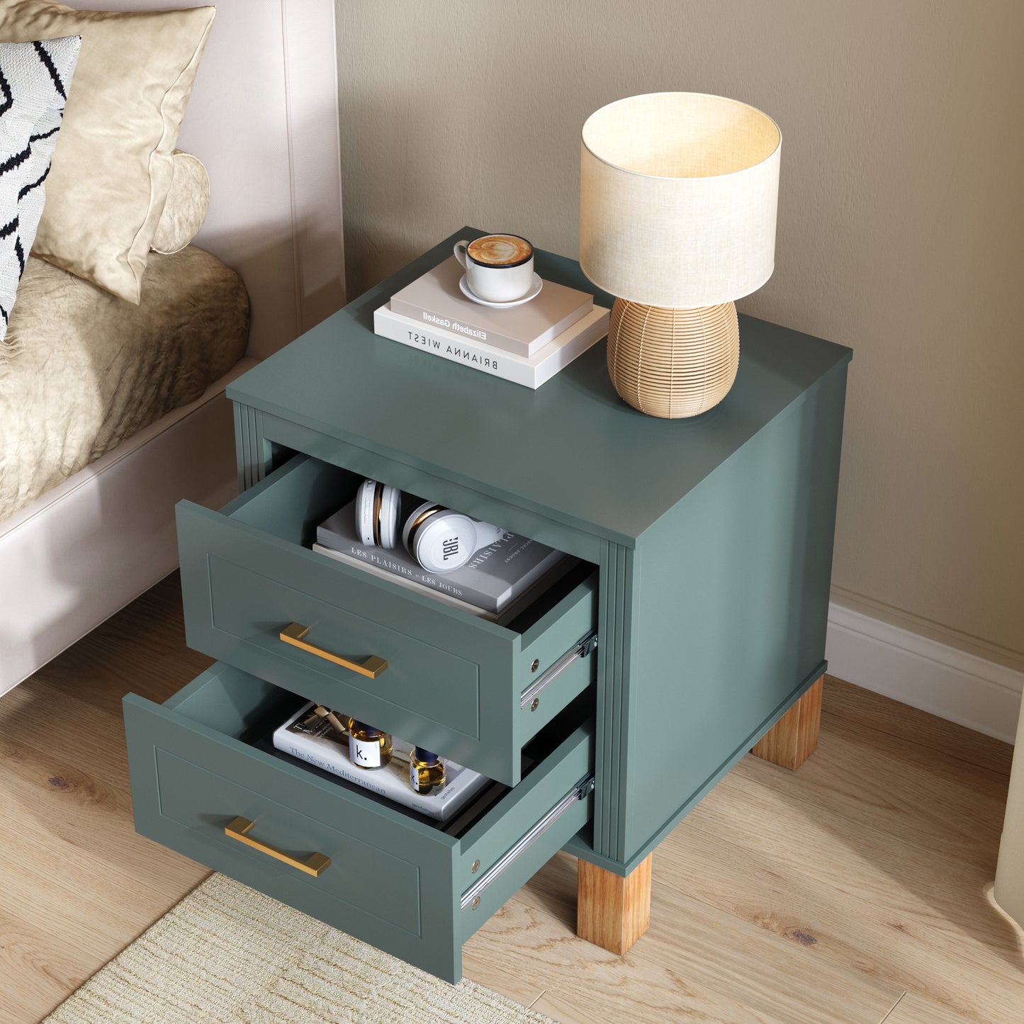 2 Drawer Nightstand with Elegant Fluted Design - Blue
