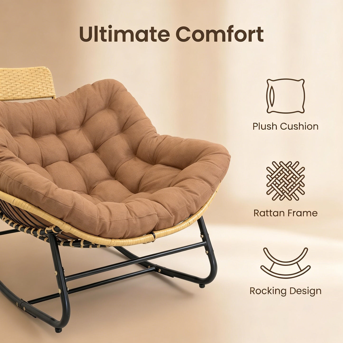 Oversized Papasan Rocking Chair with Thick Cushion - Brown