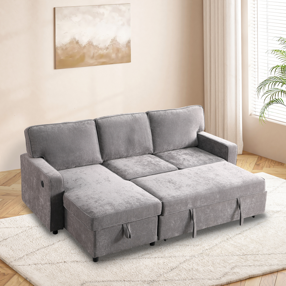 Sectional Sofa Bed with Storage, USB Port & Cup Holders - Gray