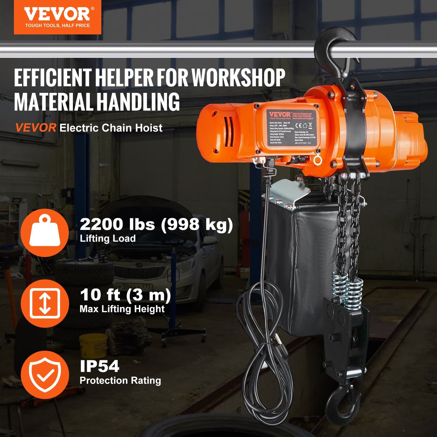 Electric Chain Hoist 2200 Lb Capacity, 10 Ft Lift, Single Phase, Orange
