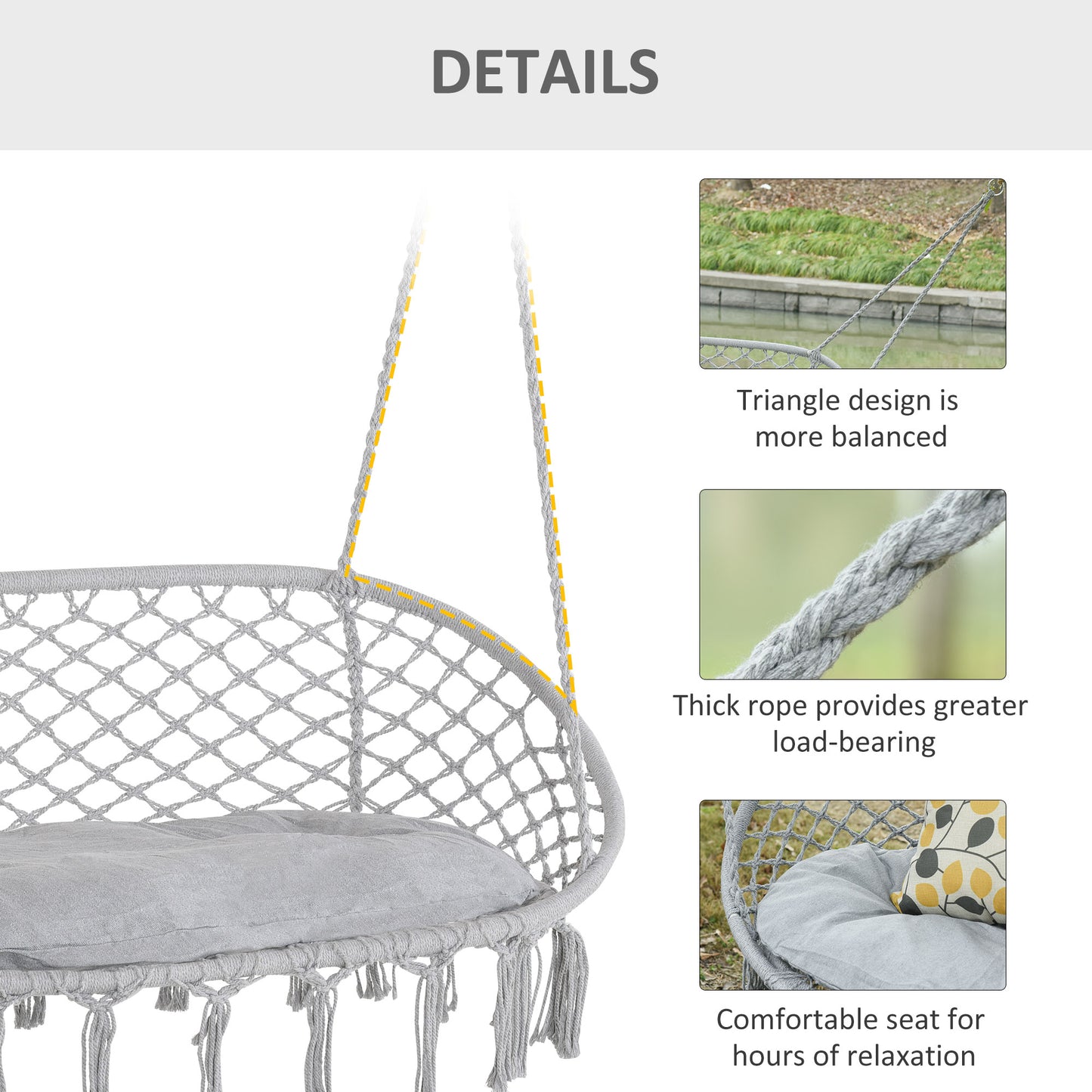 2-Person Macrame Hammock Chair with Cushion - Light Gray