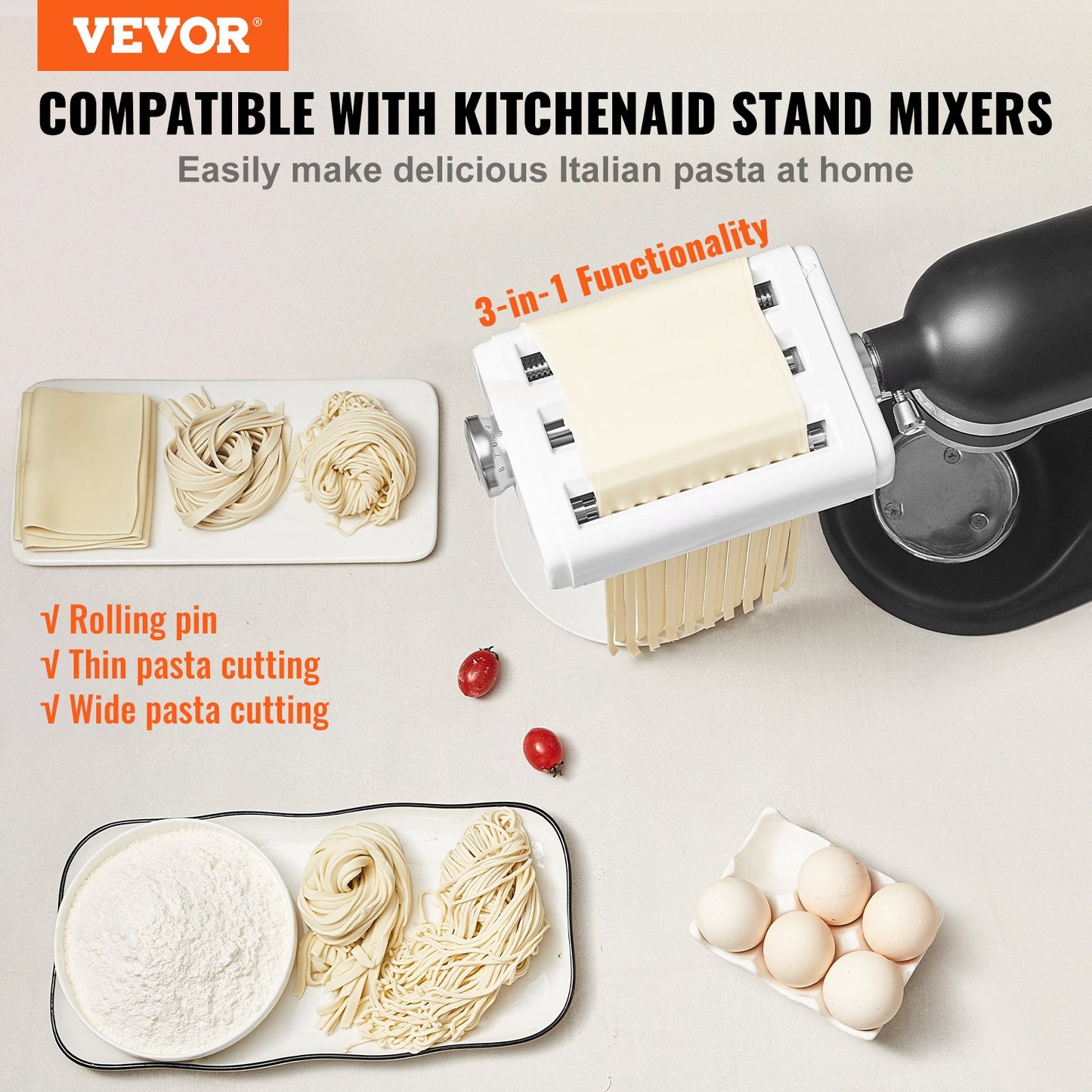 Pasta Roller Attachment for KitchenAid Mixer - 3-in-1 Stainless Steel
