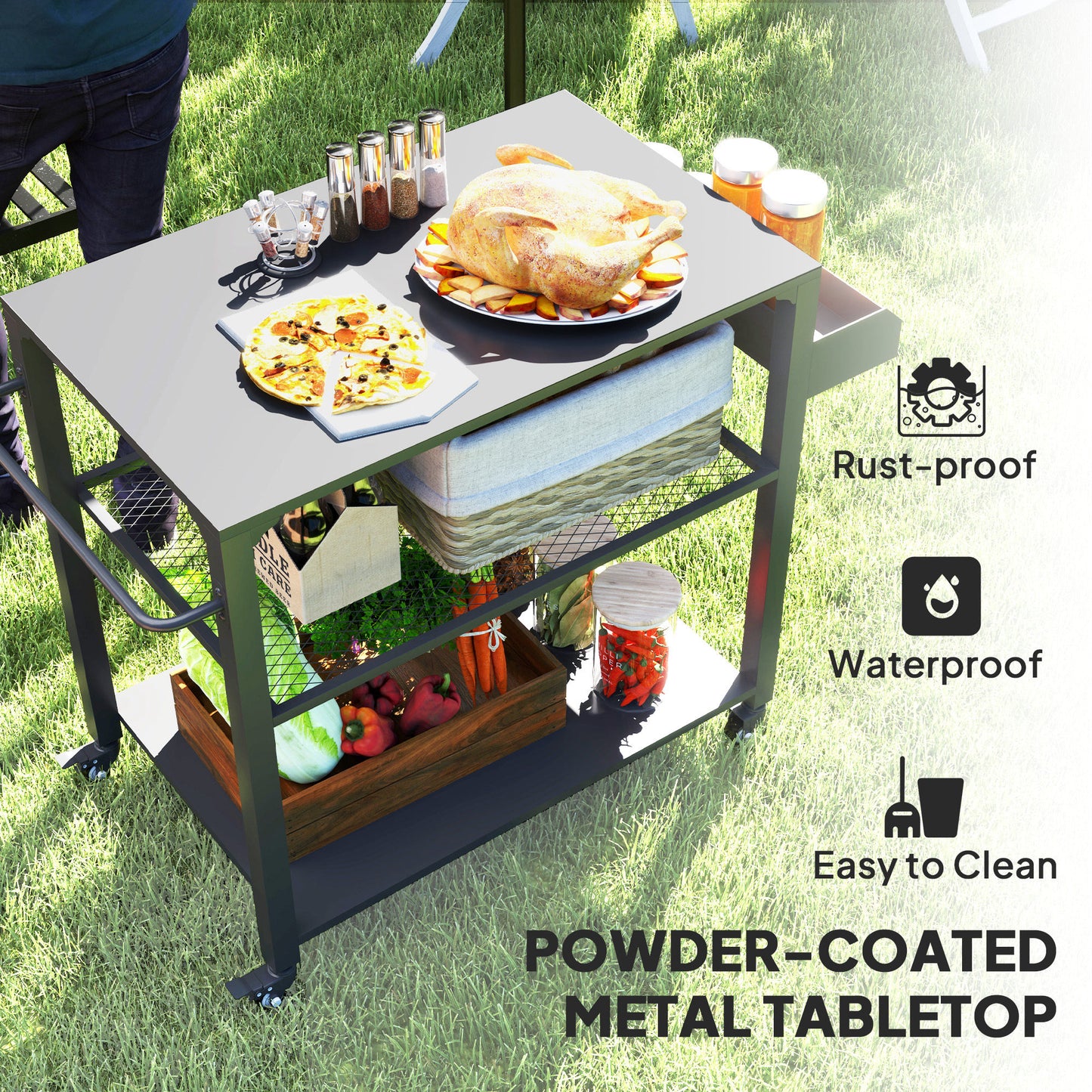 3-Tier Outdoor Grill Cart with Wheels and Storage Racks - Black