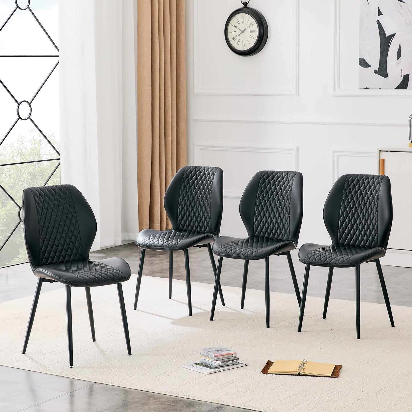 Set Of 4 Modern Light Luxury Black Diamond-quilted PU Chairs With