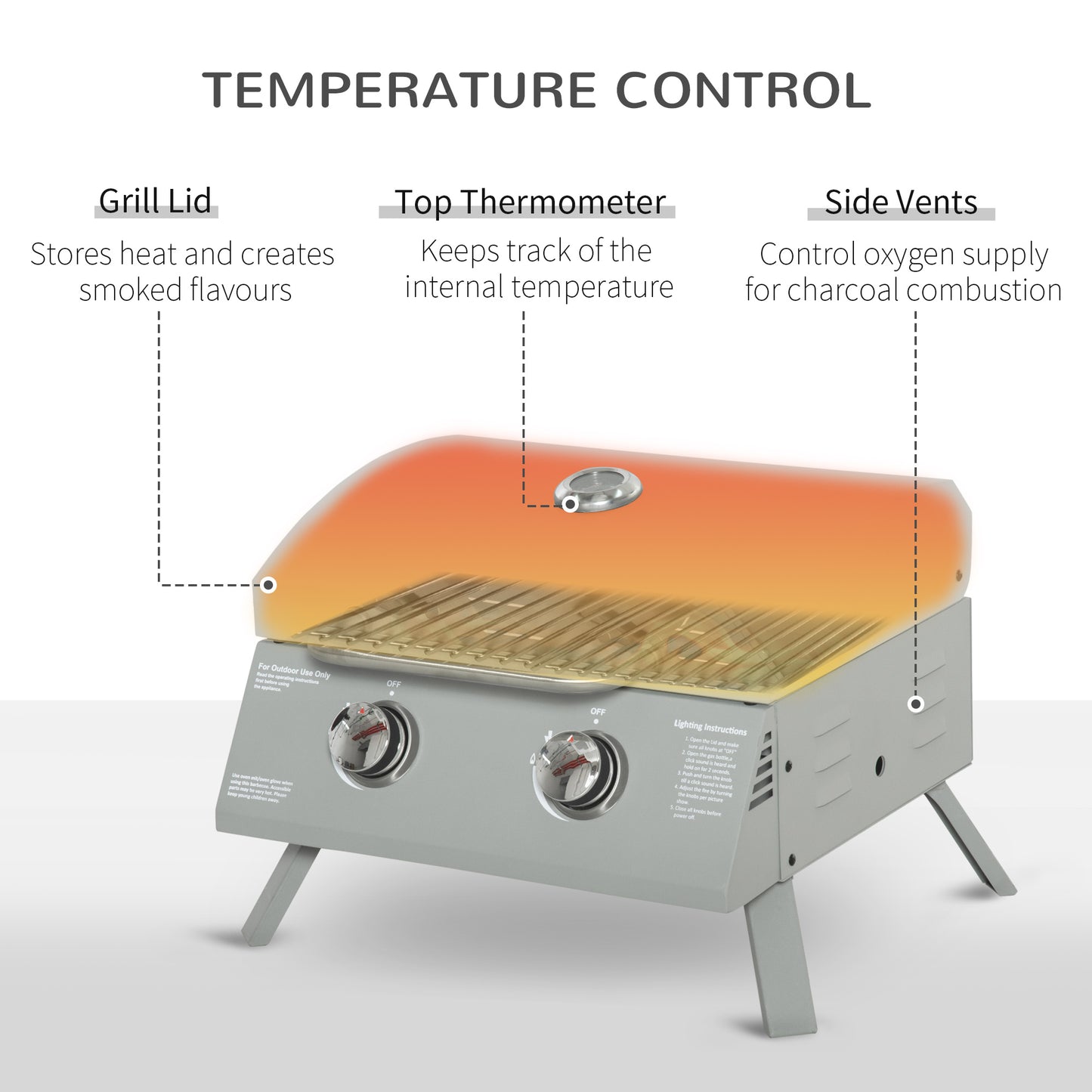2-Burner Folding Gas BBQ Grill with Lid and Thermometer - Light Grey