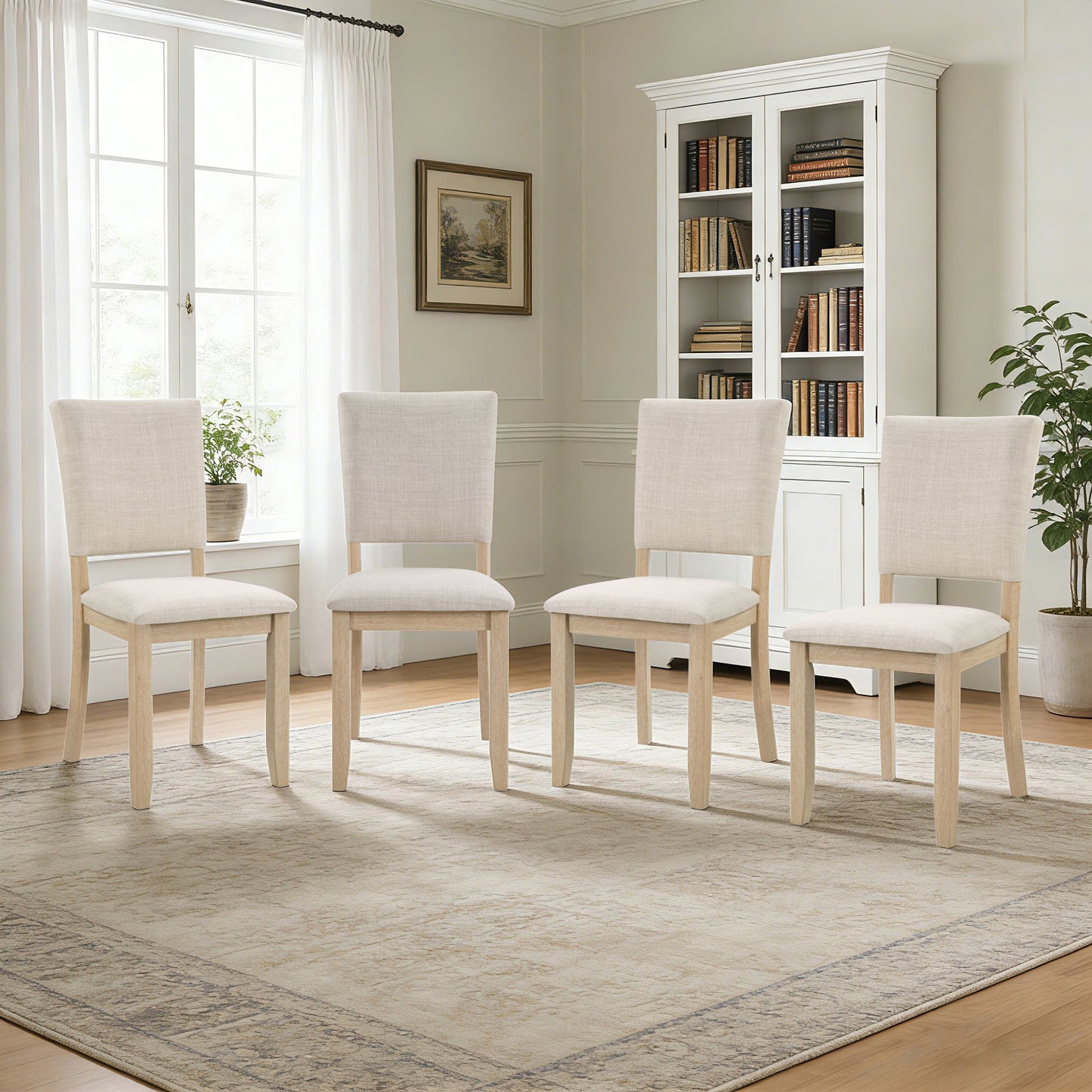 Modern Minimalist Dining Chairs Set of 4 with Padded Seat - Light Oak & Beige